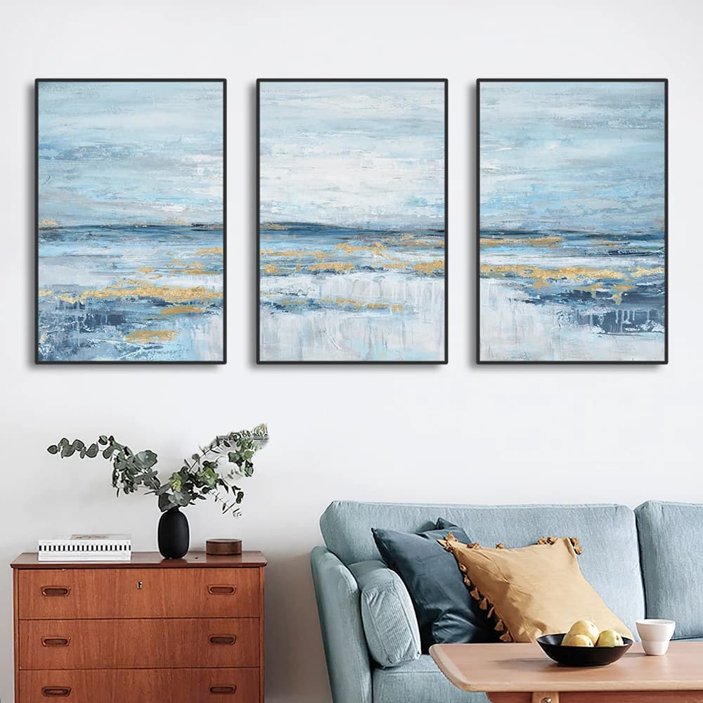 3 pannelli nordico astratto oceano tela pittura tema costiero opere d'arte blu oro tramonto e alba poster di arte della parete per soggiorno