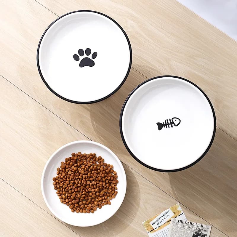 Non-Slip Ceramic Pet Bowl with Holder Cute Fishbone Design Raised Feeding Bowl Durable Pet Food Dish for Cats & Dogs