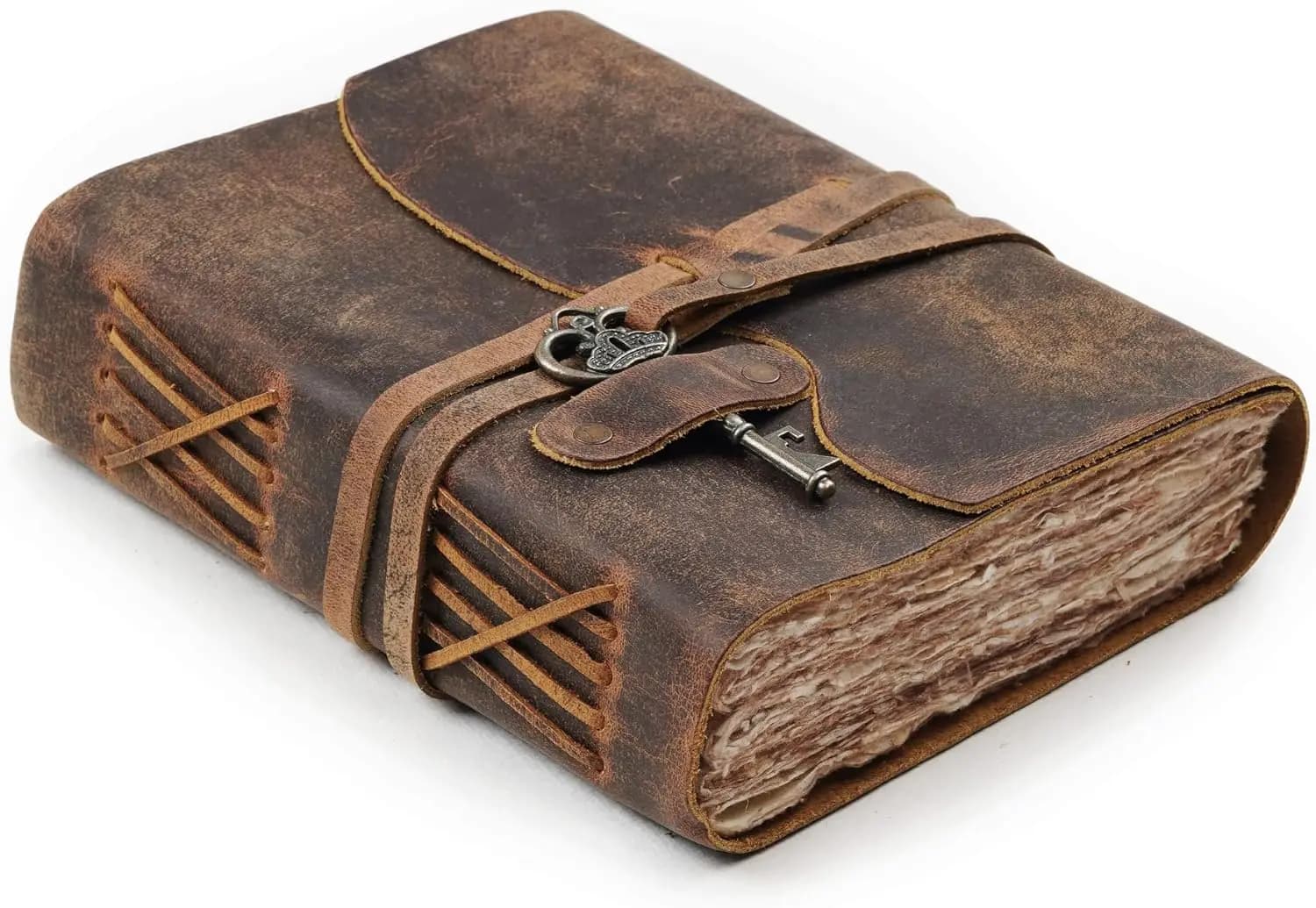 Vintage Leather Journal with Handmade Deckle Edge Paper, Key Closure, Brown, 6x4 inches - Perfect for Men and Women