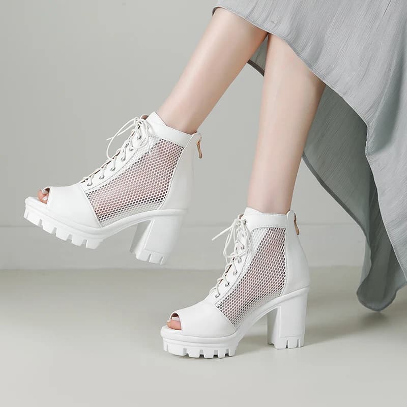 Girseaby 2024 Donne di Estate Stivaletti Peep Toe Tacco Blocco Lace Up Mesh Traspirante Taglia 41 42 43 Elegante Quotidiano Bota