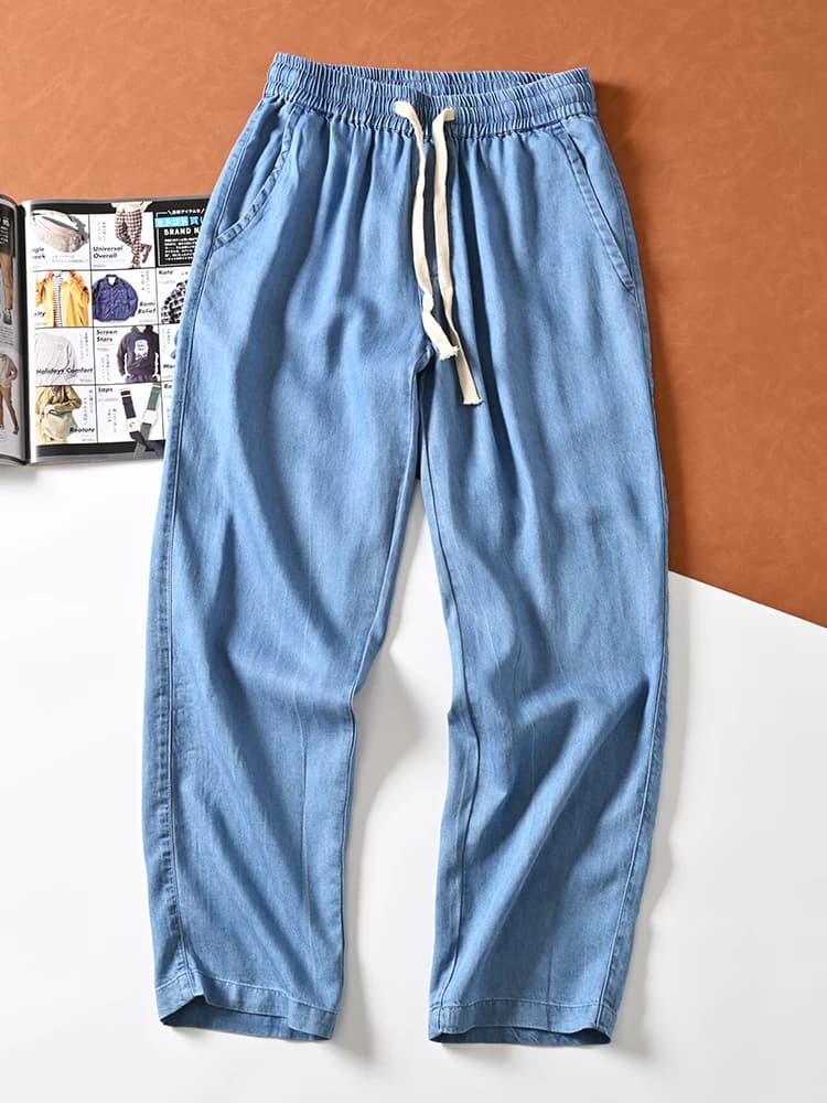 Self-Cooling Ultra-Light Breathable Summer Men's Loose Casual Lyocell Jeans Elastic Waist Washed Denim Youth Trend Long Pants