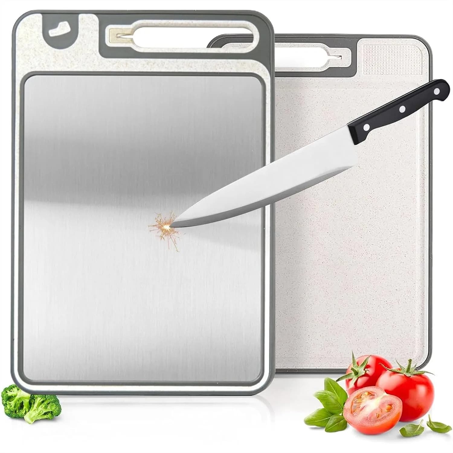 Tagliere in Acciaio Inossidabile 14x10 per Cucina con Scanalatura per Succhi e Affilacoltelli, Lavabile in Lavastoviglie, 2-in-1 per Carne e Verdure