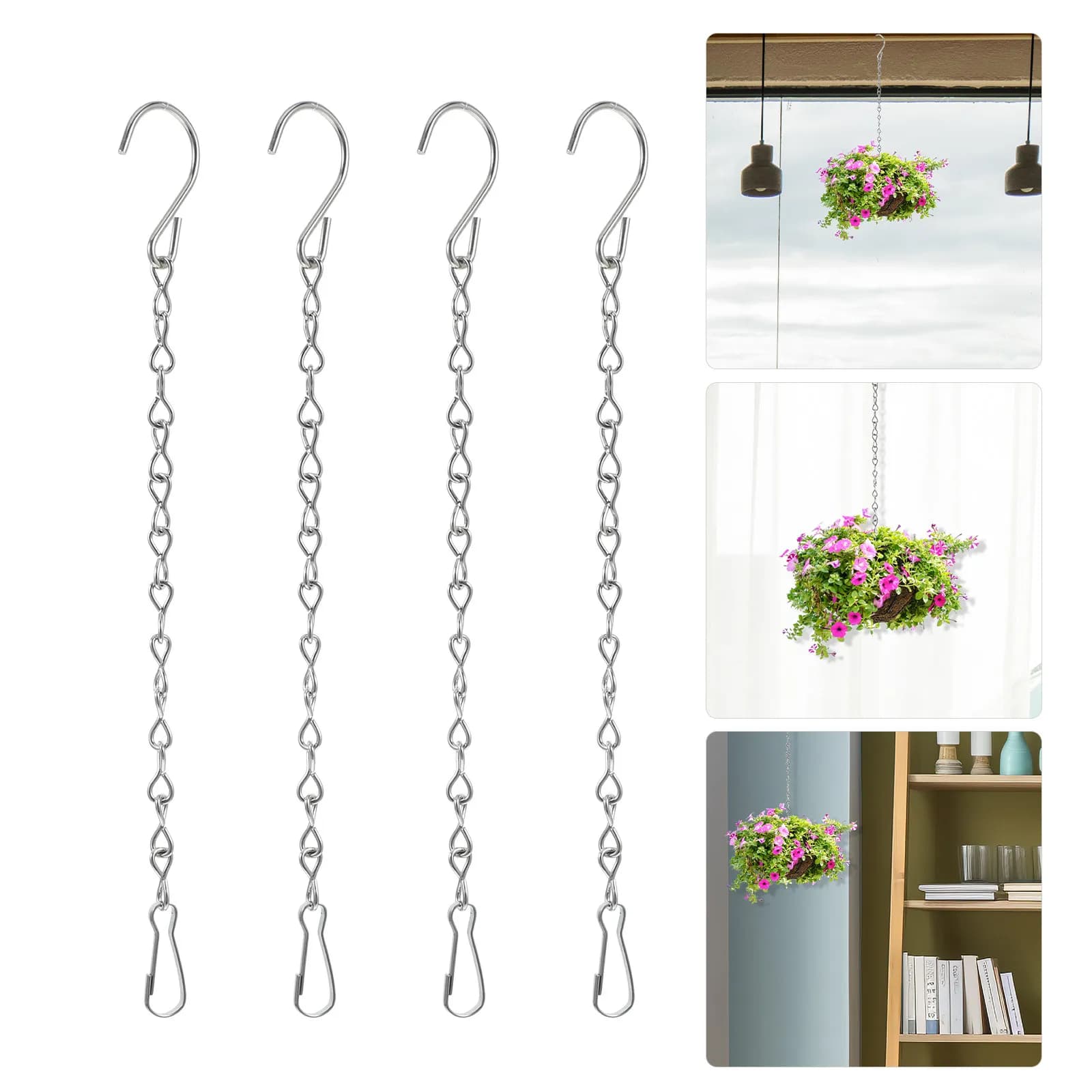 4Pcs Hanging Basket Chain Stainless Steel Silver Heavy Duty Chains with S Hooks for Hanging Plants Flowerpots Wind Chimes