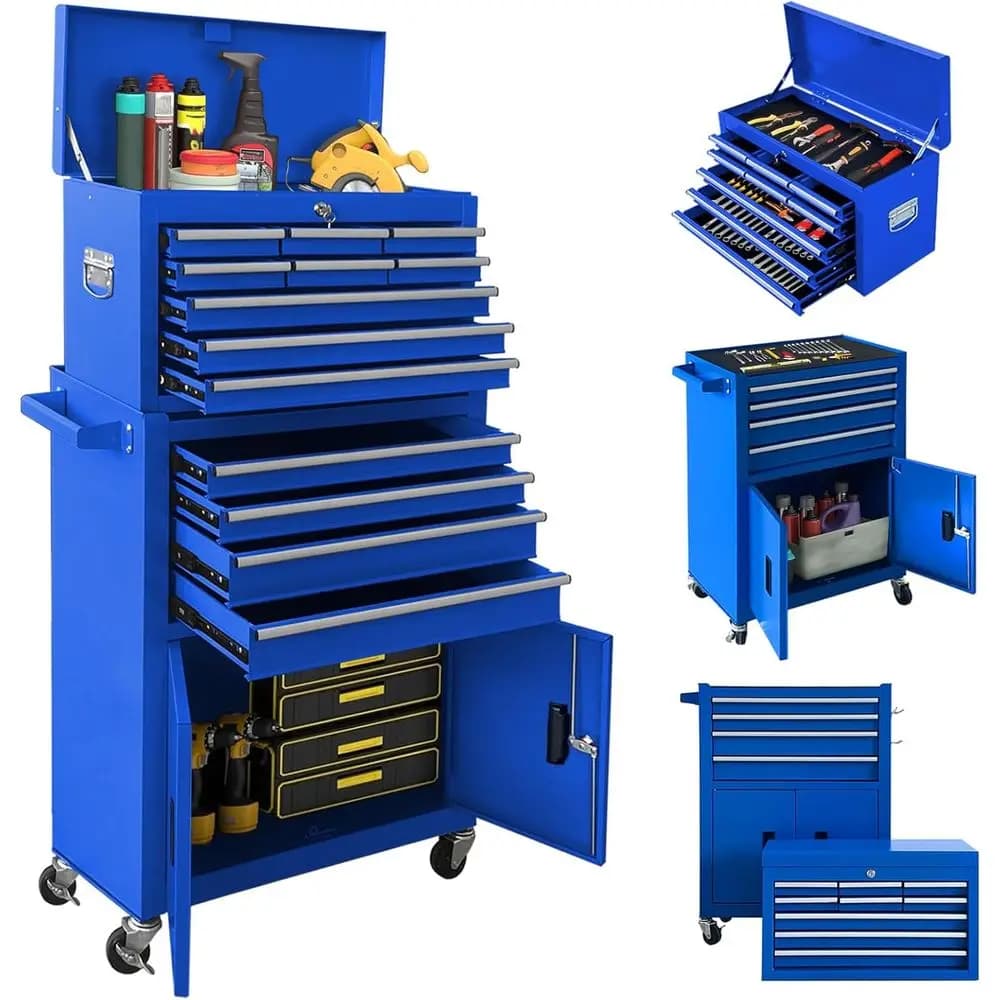 Double Door Rolling Tool Chest with Detachable Cabinet, Lockable Storage Box for Garage, Ideal for Men and Dads (Blue)