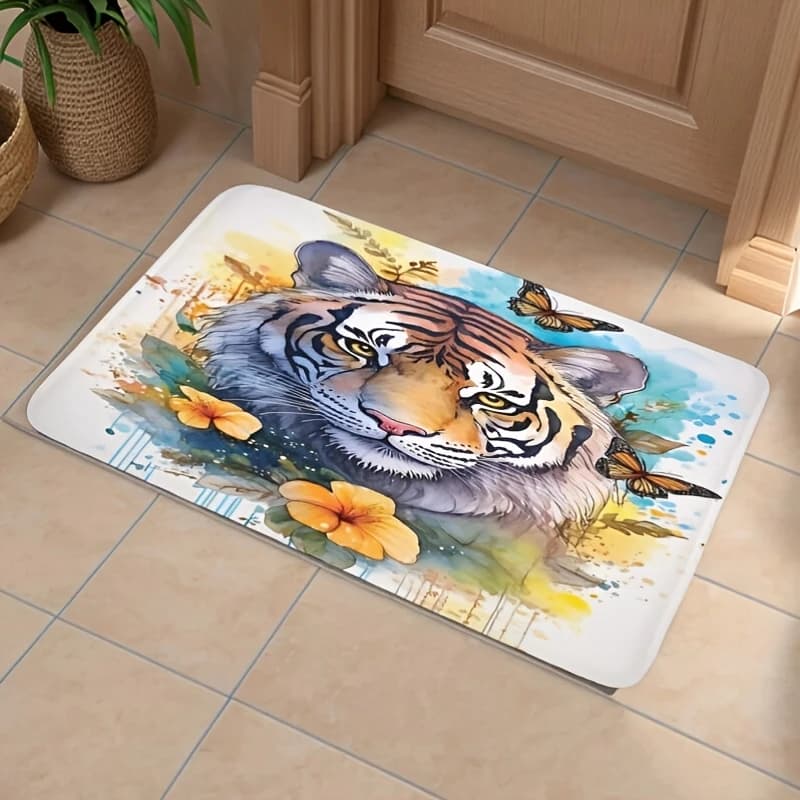 Tappetino da ingresso antiscivolo da 1 pezzo - Tappetino da bagno floreale acquerello con faccia di tigre con fiori gialli, tessuto non tessuto ultra morbido e gomma