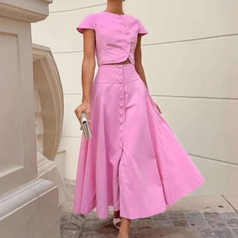 Set Elegante Stile Francese con Gonna Lunga a Linea A, Moda Femminile, Top Rosa e Gonna, Completo Due Pezzi, Abbigliamento Donna
