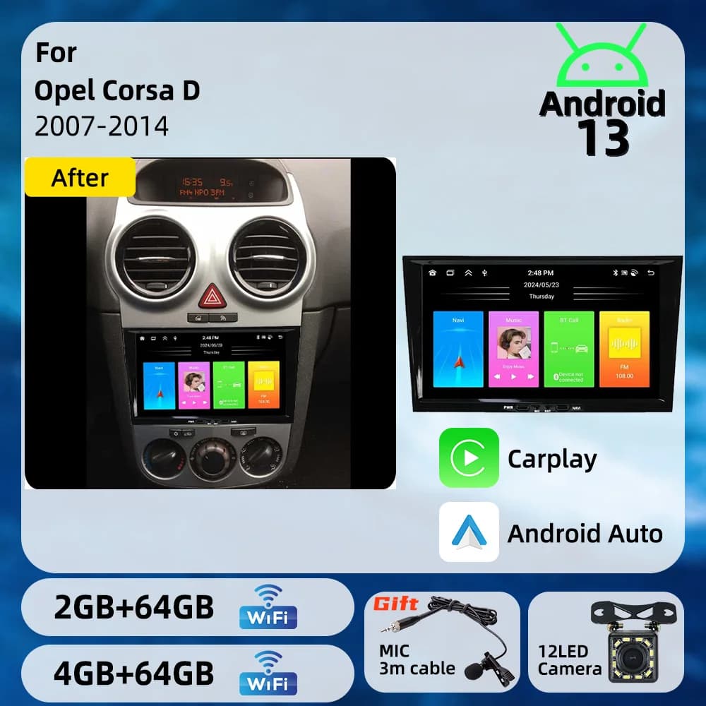 Autoradio Android 2 Din con Carplay, GPS, WIFI, Schermo da 8 Pollici, Stereo Multimediale per Opel Corsa D 2007-2014