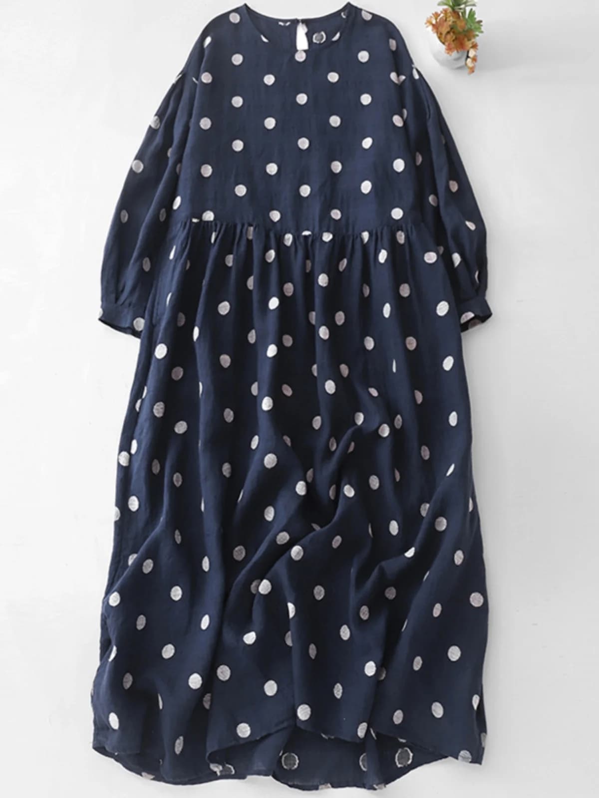 Retro Blue Polka Dot Dress round Neck Long Sleeve Elegant Cotton Linen Women's Dress Commute Style Loose Fit Spring Dress