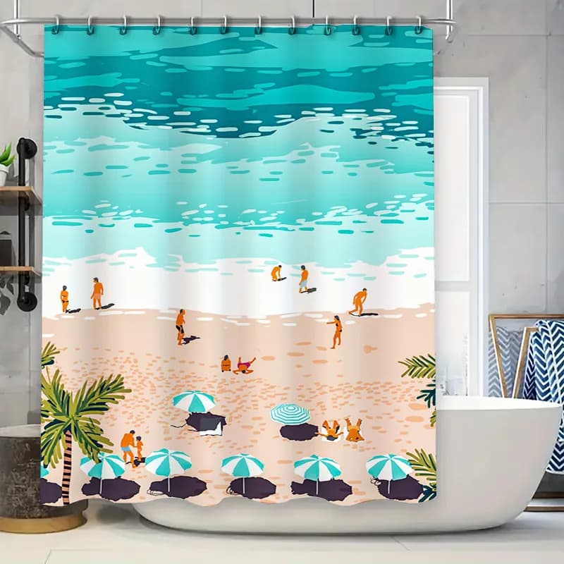 Tenda da doccia Beach Life con ombrelloni, palme da spiaggia Oceani blu Tessuto impermeabile sabbia arancione per la decorazione del bagno