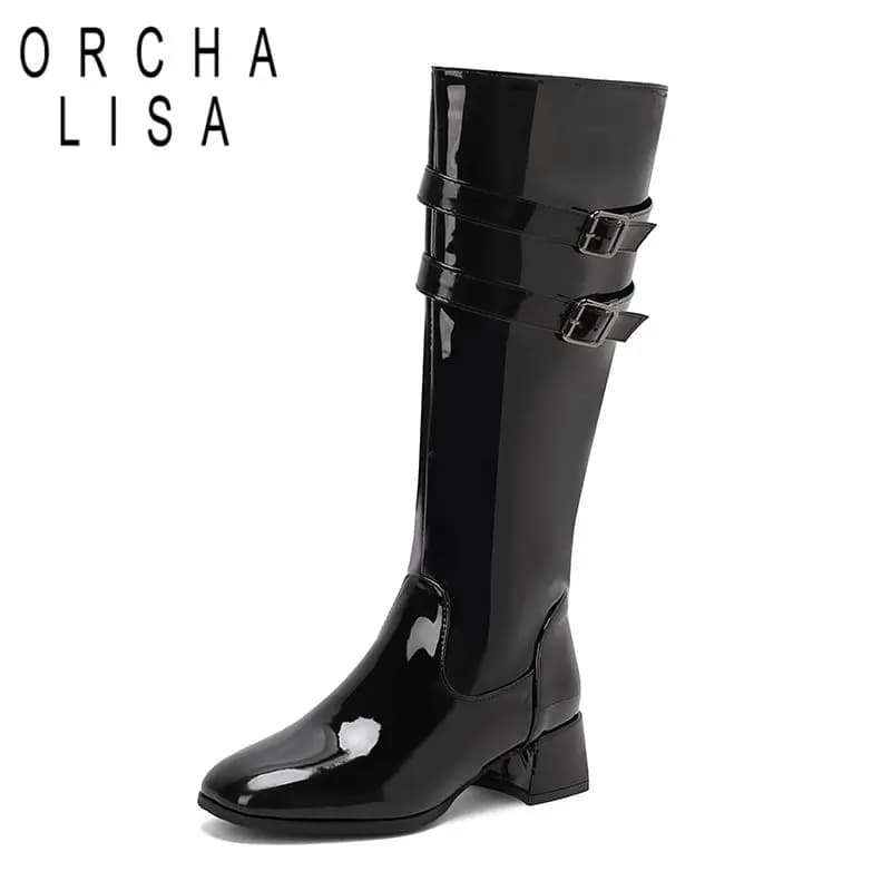 ORCHA LISA Shiny Female Knee High Boots Square Toe Chunky Heels 4.5cm Zipper Belt Buckles Plus Size 44 45 46 Leisure Daily Bota