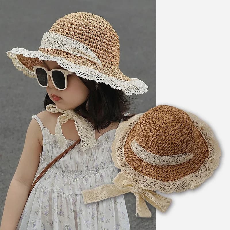 Cappello da bambino estivo in paglia Cappello da pescatore per bambina con allacciatura carina Cappello da bacino per protezione solare da spiaggia a tesa larga per bambini
