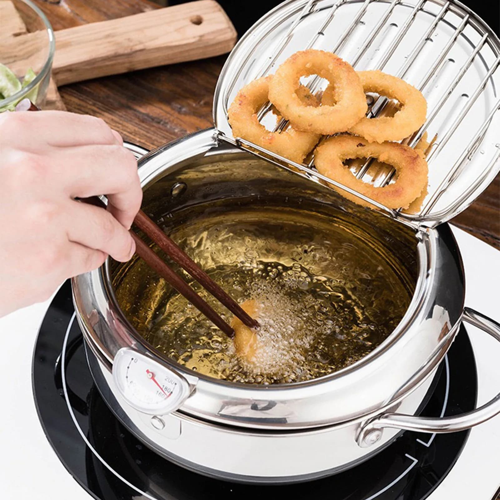 304 Stainless Steel Frying Machine Temperature Control Pot Multi-functional oil saving thickened with lid and oil drainage