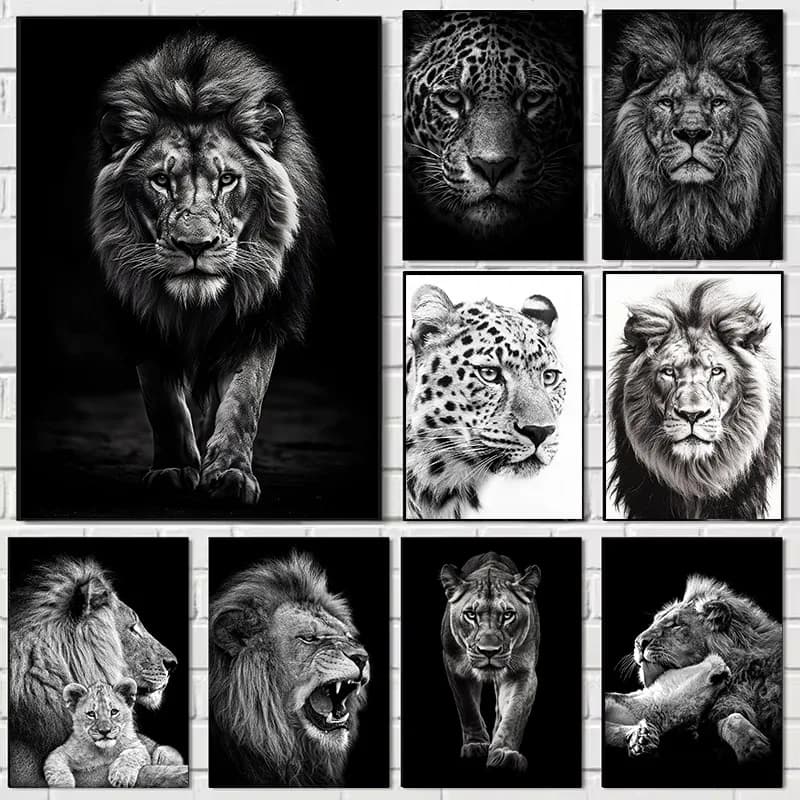 Luxury Jaguar Lion Leopard Face Black and White Safari Animals Aesthetic Poster Canvas Painting Wall Art Pictures Home Decor