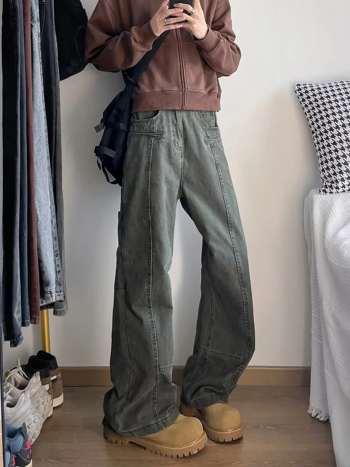 Grey Denim Workwear Jeans Men's Slim Fit American Style Casual Washed Straight Leg Loose Fit Bell Bottoms Cargo Pants