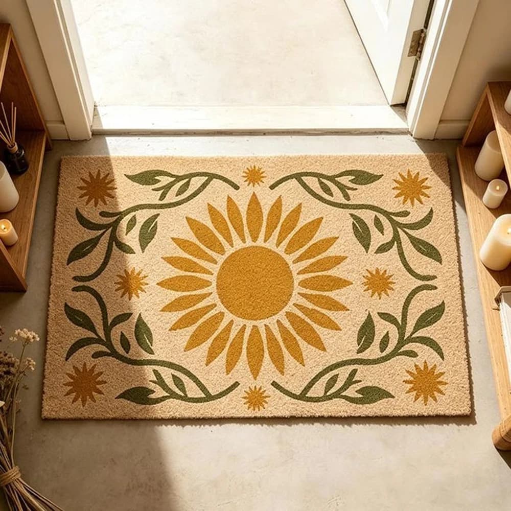 Boho Sunflower Floral Doormat Mustard Yellow Sun Entryway Welcome Mat Botanical Summer Porch Decor Durable Easy Clean Rug