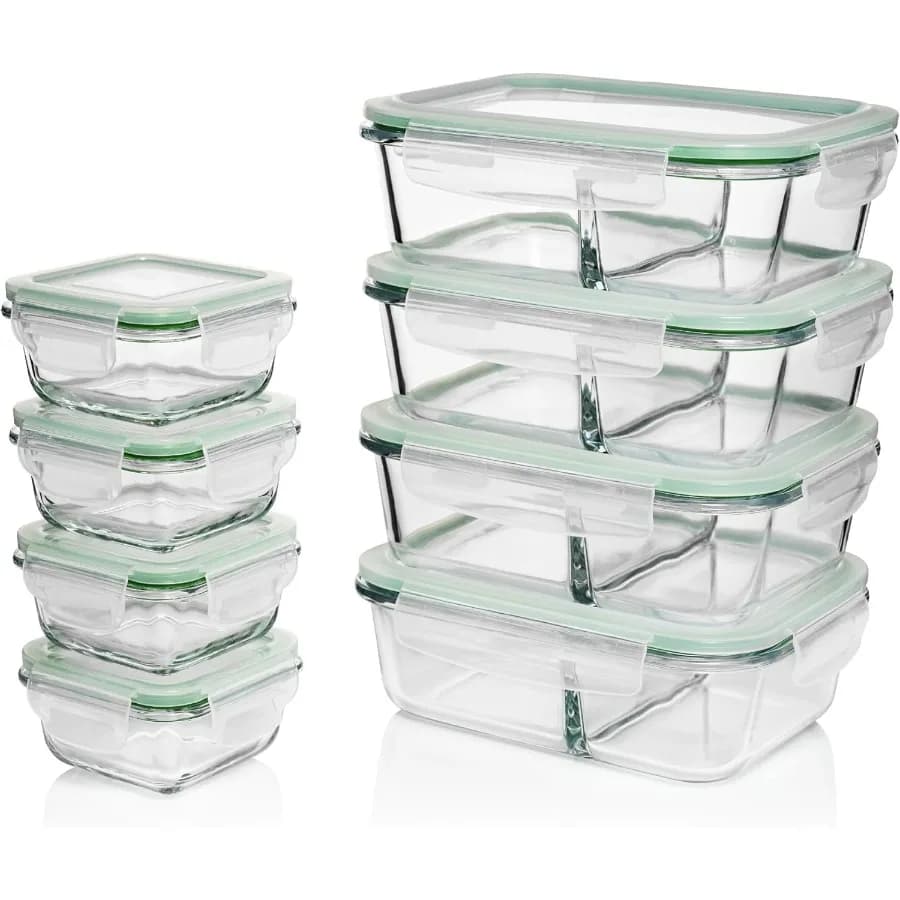 Contenitori per la preparazione dei pasti in vetro con coperchi [confezione da 8, 33 oz e 4,5 oz] - Scatole Bento in vetro diviso a 2 scomparti per adulti, cassaforte per il forno e