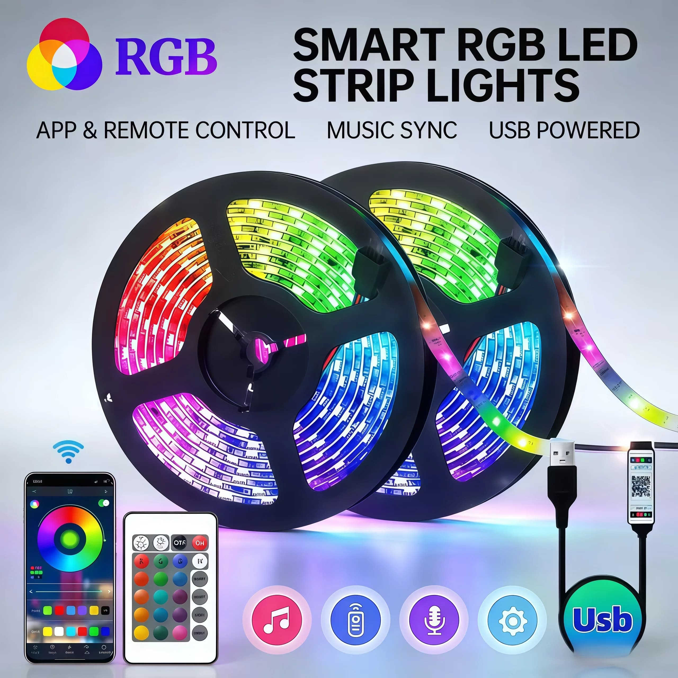 Striscia LED RGB 5050 1-30m con App Bluetooth, Nastro LED Flessibile USB 5V per Retroilluminazione TV e Decorazione Sala Giochi