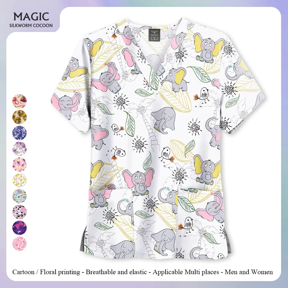 Uniforme infermieristica per animali domestici Abiti da lavoro da donna Scrub Top con due tasche Stampa di cartoni animati con scollo a V T-shirt medica a maniche corte Camicetta