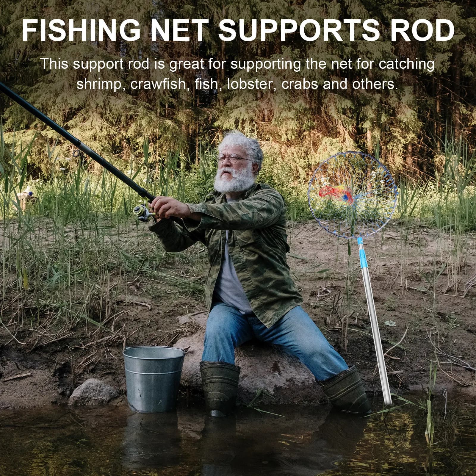 Canna da Pesca Professionale in Acciaio Inossidabile per Gamberi, Gamberetti, Pesci, Aragoste e Granchi - Rete Portatile Compatta