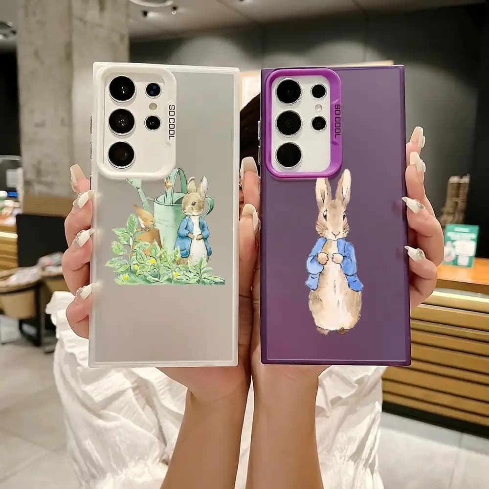 Custodia per telefono in silicone argentata con simpatico cartone animato P-Peter Rabbit per Samsung Galaxy S25 Edge S24 S23 S22 S21 S20 Ultra