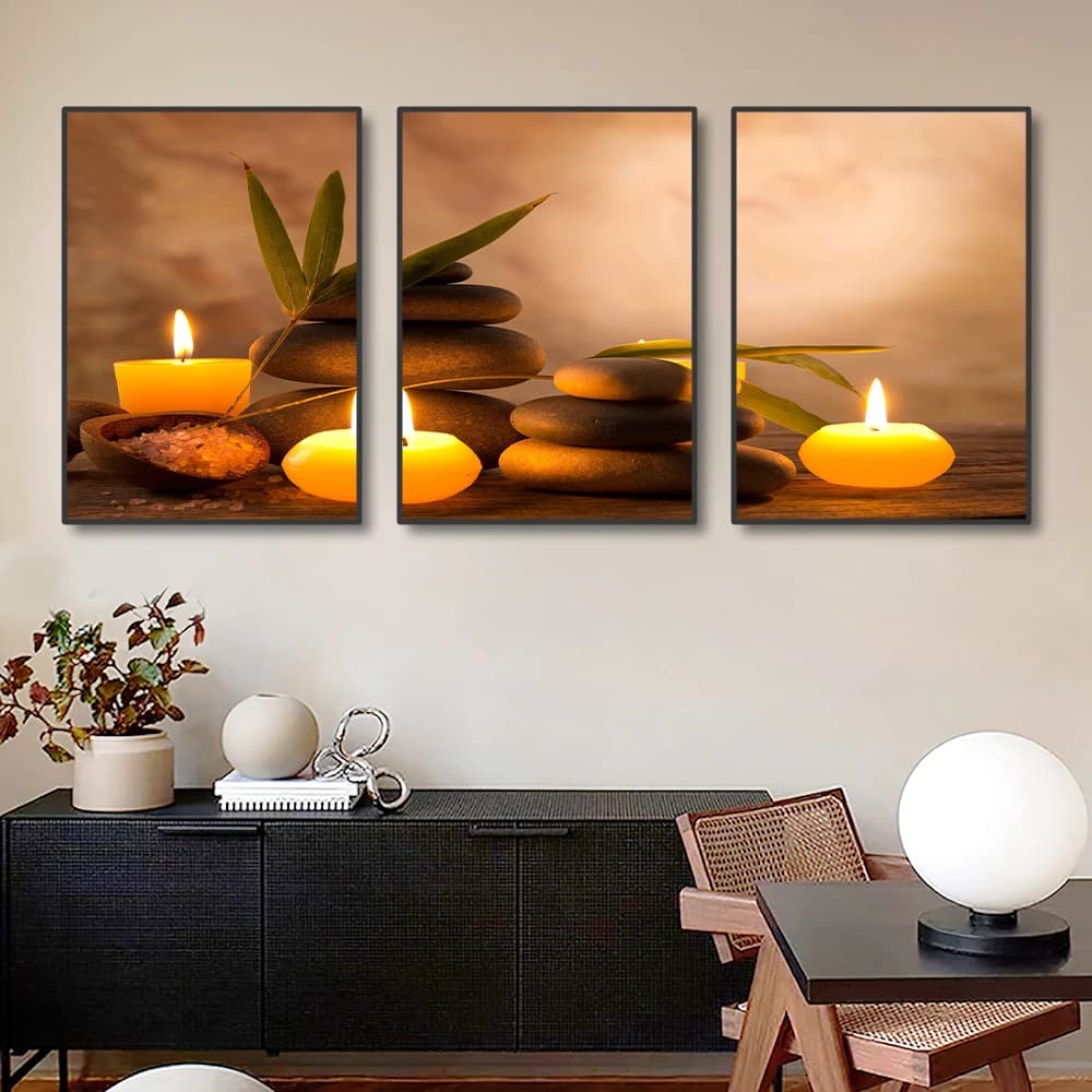 Set of 3 Paintings on Frameless Frame, Zen Artistic Prints with Stones, Aromatic Candles and Dead Nature Pictures for Spa
