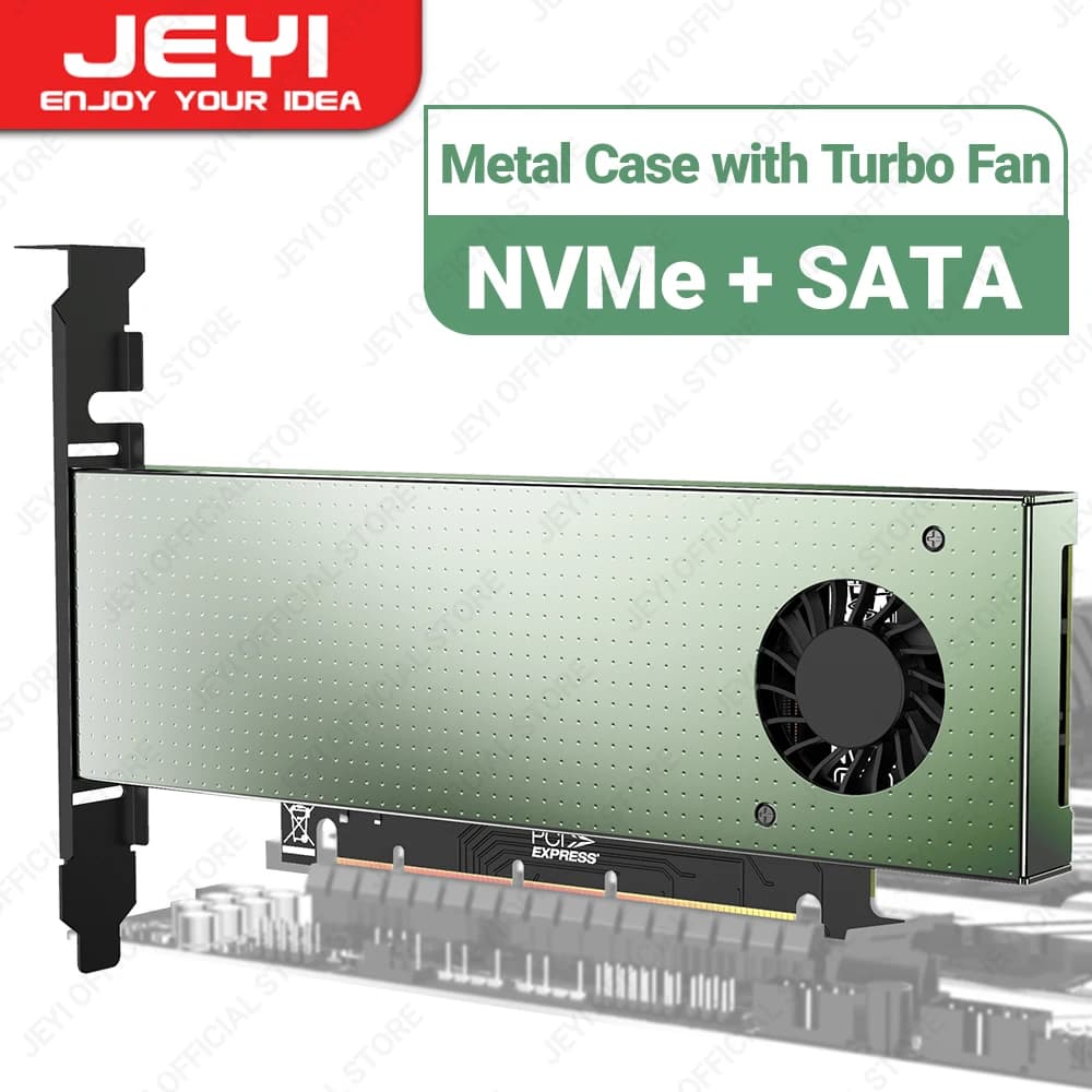 Adattatore JEYI SK9 M.2 Dual PCIE 4.0 per SSD NVMe / NGFF con ventola turbo, NVME (chiave m) e slot SATA (chiave b) SSD a PCIe x4 X8 X16