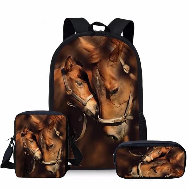 Classic Horse Backpacks bags 3D Print 3pcs/Set pupil School Bags Laptop Daypack Backpack Inclined shoulder bag Pencil Case