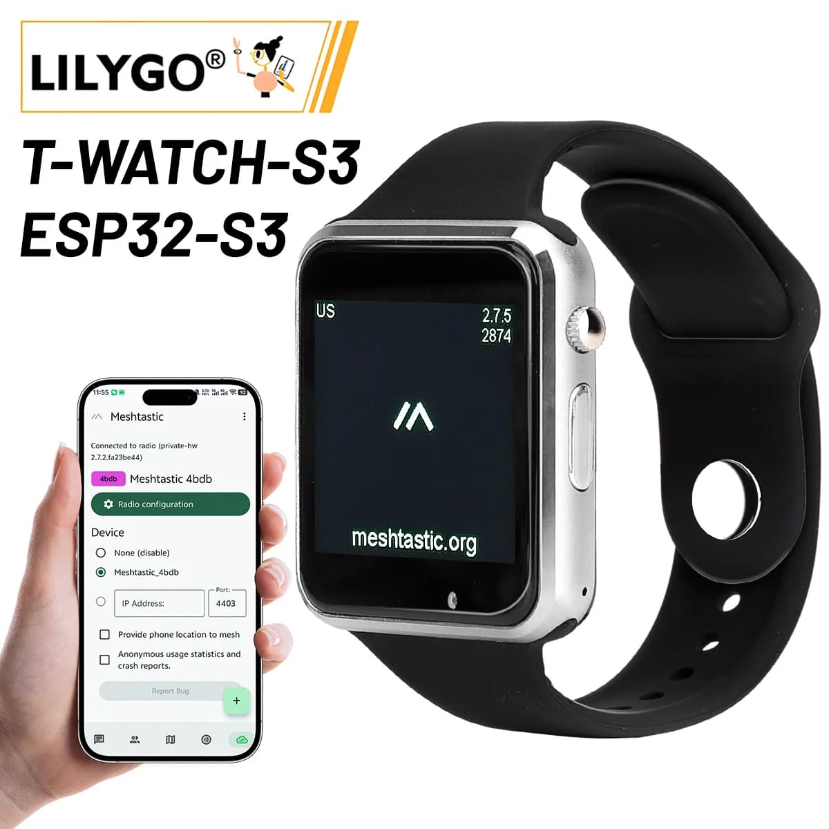 LILYGO T Watch S3 Lora Meshtastic Tracker ESP32-S3 WIFI Bluetooth LoRa Ripetitore IoT BMA423 Sensore con microfono Altoparlante Programma