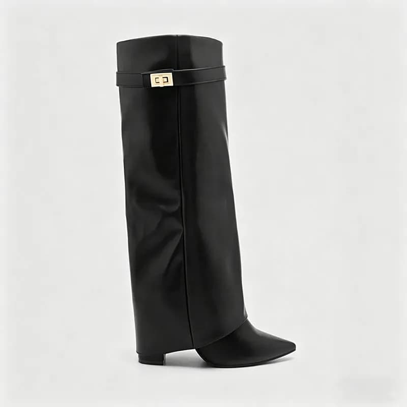 Women's Black Leather & Suede Fold-Over Knee High Boots Pointed Toe High Block Heel with Buckle Party Fashion Tall Boots