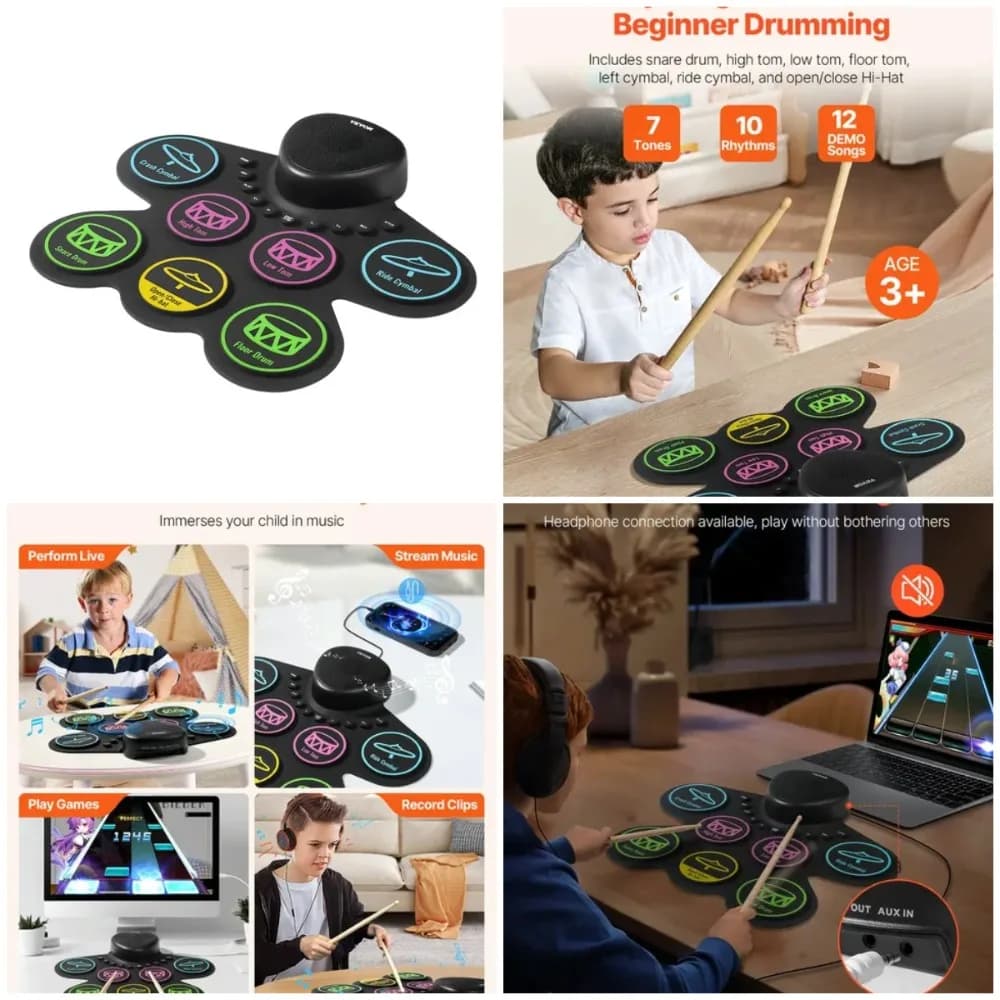 Set batteria elettrica 7 pad con jack per cuffie, pedali, altoparlante per principianti e bambini