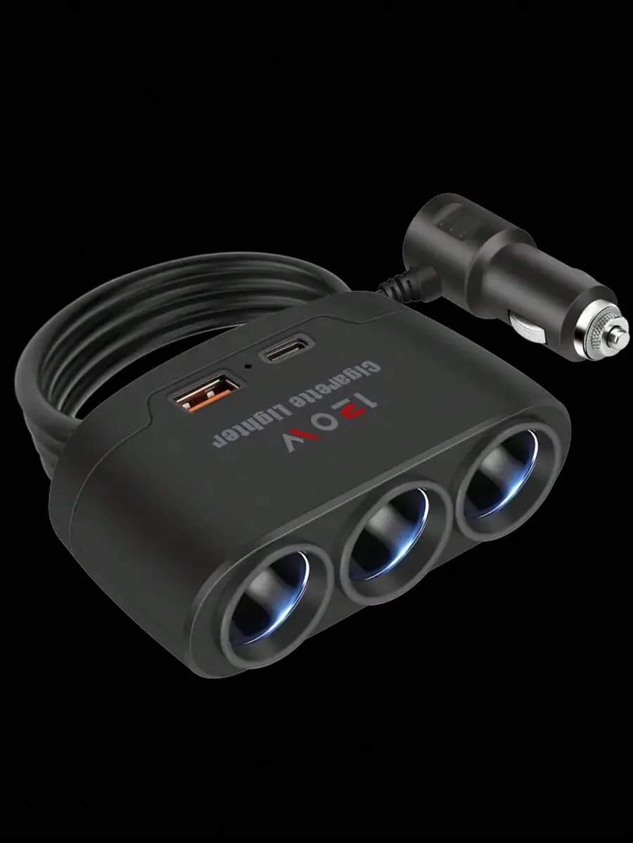 Caricabatterie per auto 3 in 1 con USB PD e prese di alimentazione triple da 120 W per dispositivi intelligenti, navigatore, aspirapolvere