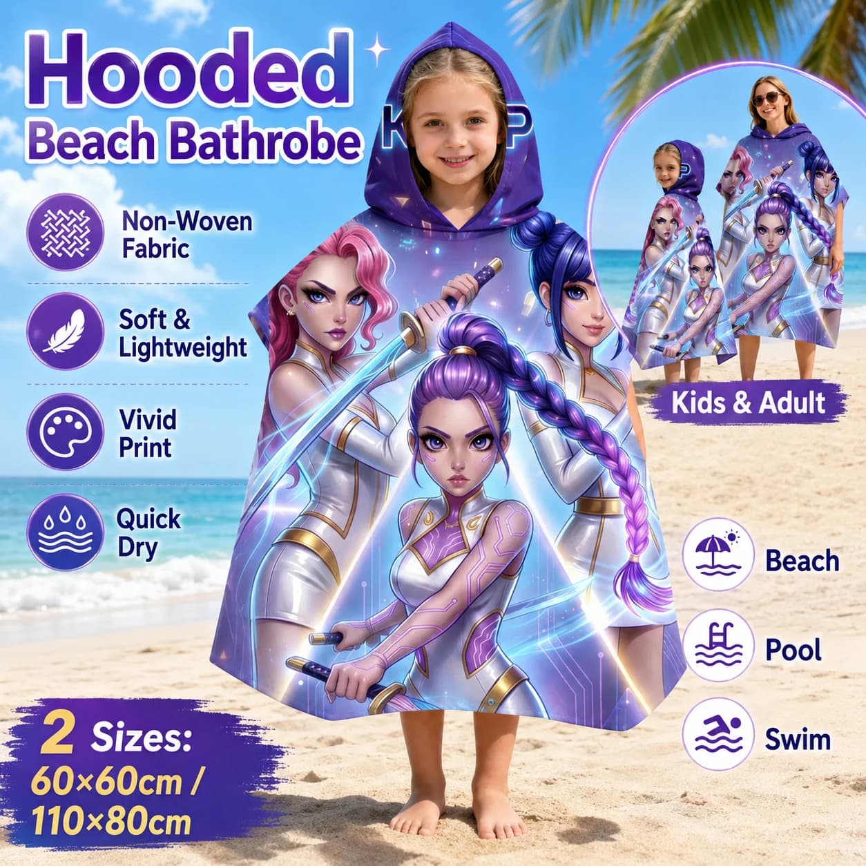 Telo Mare con Cappuccio K-POP Anime Girl, Stampa Piatta Guerriero Cyberpunk, Poncho in Microfibra Morbido ad Asciugatura Rapida per Ragazzi