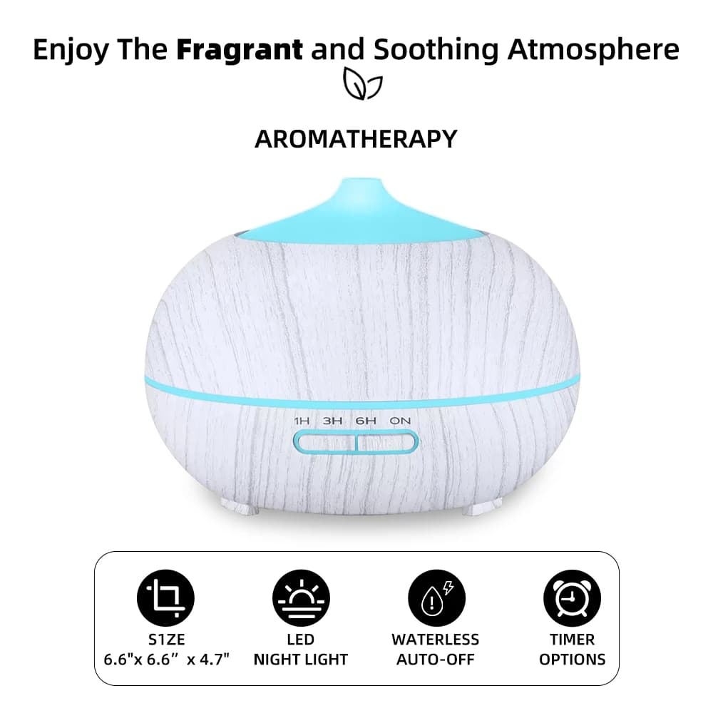 Diffusore per la casa Diffusore di oli essenziali con venature del legno da 550 ml con telecomando Include 6 oli essenziali Illuminazione d'atmosfera a LED a 7 colori