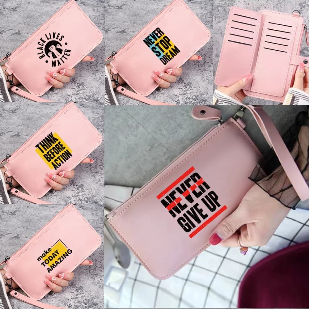 Womens pink Long Wallets Purses PU Leather Phone Bag Money Coin Pocket Card Holder Zipper Purse Word Print Storage Money Handbag
