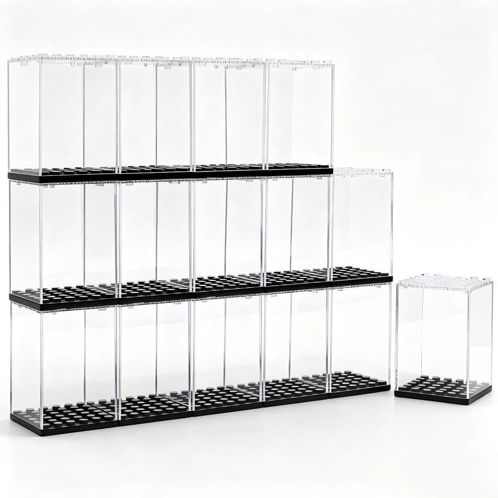 20 Pack Acrylic Display Case for Minifigures, Stackable Clear Dustproof Storage Box with Black Base, Building Block Figures, Light String Compatible, Perfect for Collectibles, Toys Action Figures