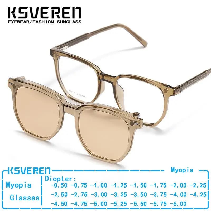 Occhiali da miopia marroni con blocco della luce blu alla moda Uomo Donna Full Frame Square 2 in 1 Occhiali da sole miopi polarizzati magnetici