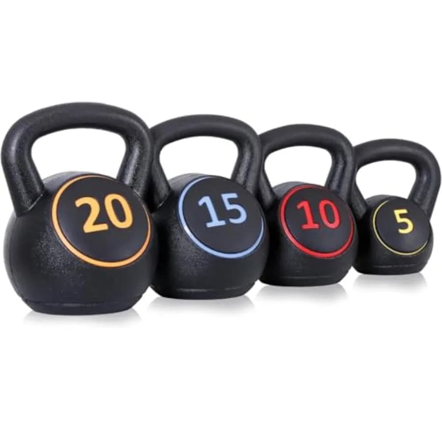 4 piece Kettlebell set with weights of 5 pounds 10 pounds 15 pounds 20 pounds for use in home gym Power training equipment for whole body Ideal for dumbbells