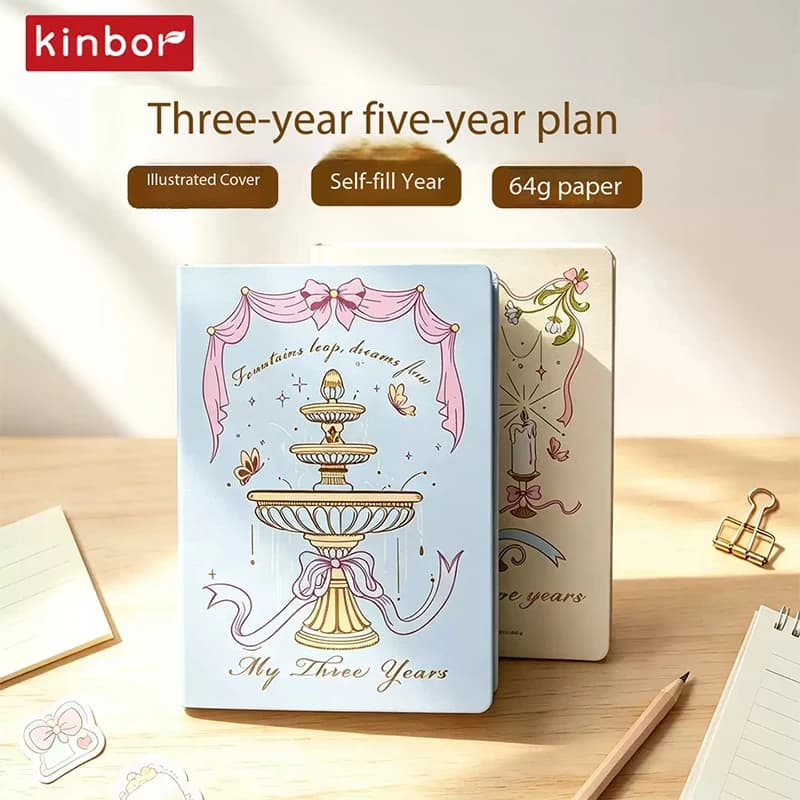 Kinbor Elegant Fabric Cover Planner A5 3/5 Year Notebook with Illustrated Design, 416 Pages Keepsake Journal for Stationery Love