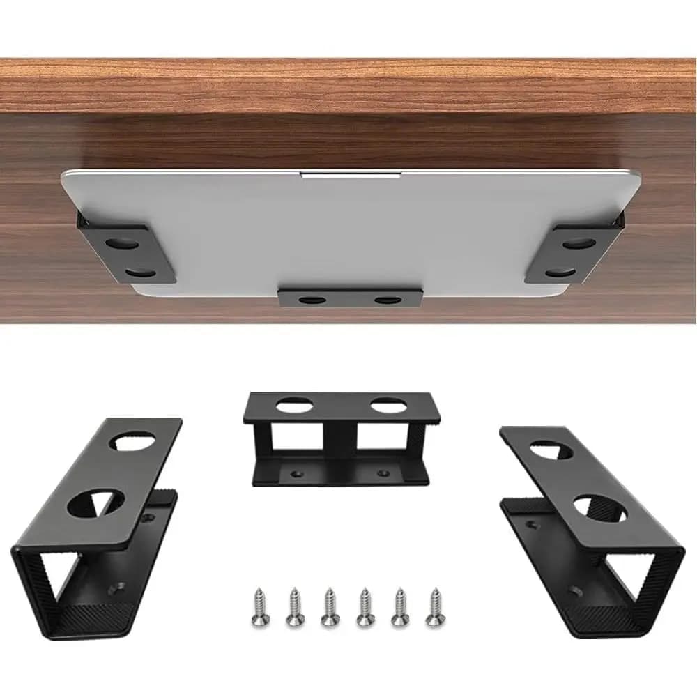 Metal Under-Desk Laptop Stand with Anti-Scratch Silicone Protection for Mini Books and Keyboards (Black)
