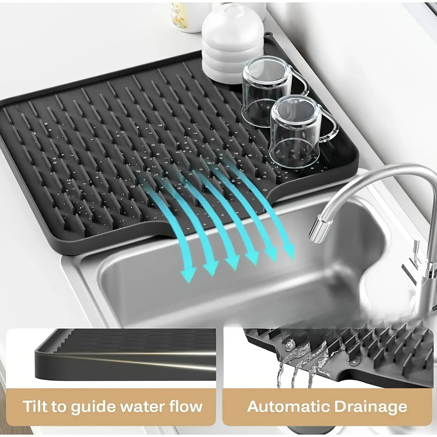 Tappetino in Silicone per Cucina con Design di Drenaggio Integrato, Facile da Pulire, Adatto per Piani di Lavoro, Lavelli, Frigoriferi