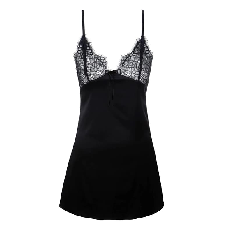 Camicia da notte sexy in raso con pannelli in pizzo trasparente per donna, lingerie seducente e attraente.