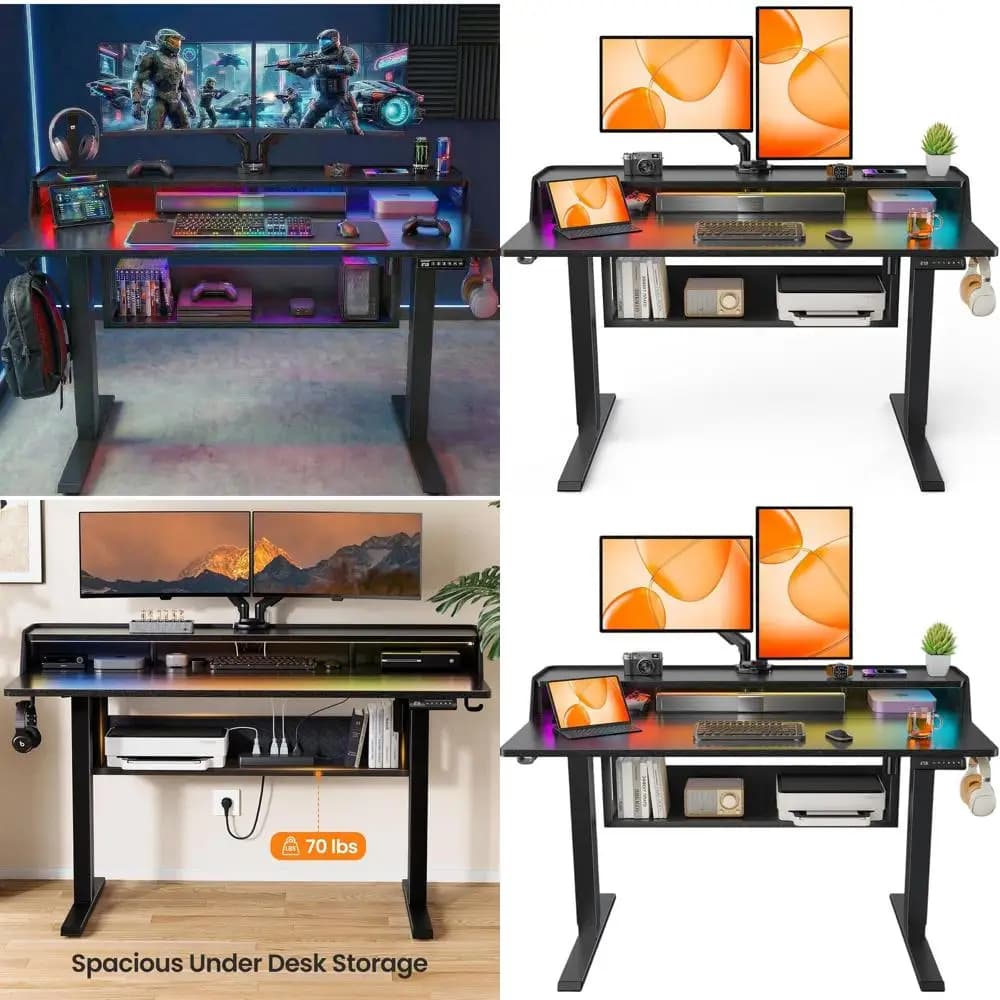 48x24 Adjustable Desk with Library, Monitor Support and LED Strip for Home Office or Gaming