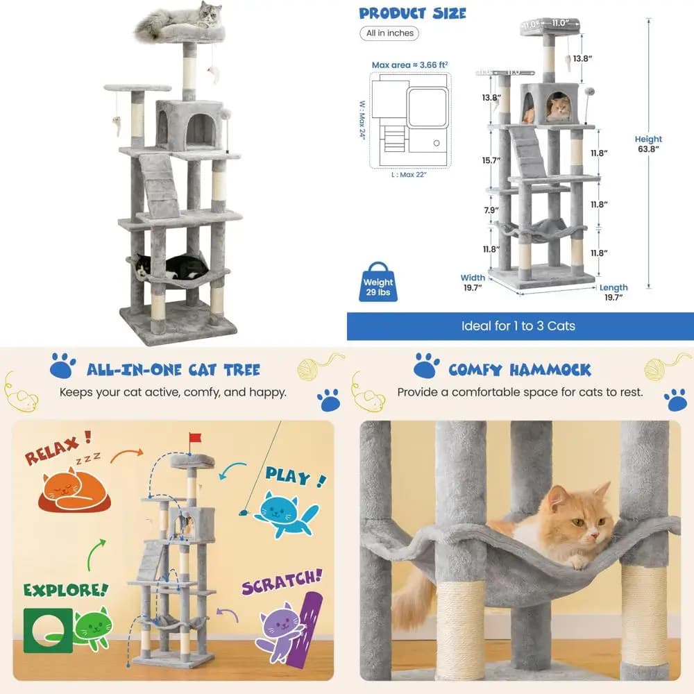 Albero per gatti multi-livello 63,8 per gatti di grandi dimensioni con tiragraffi in sisal, piattaforme imbottite, amaca e condominio - Durevole e confortevole