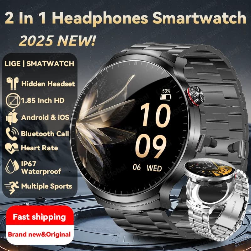LIGE TWS 2 in 1 auricolare Smart Watch 1.85 "HD Wireless Bluetooth Chiamate Monitor sanitario Orologi fitness sportivi con cuffie