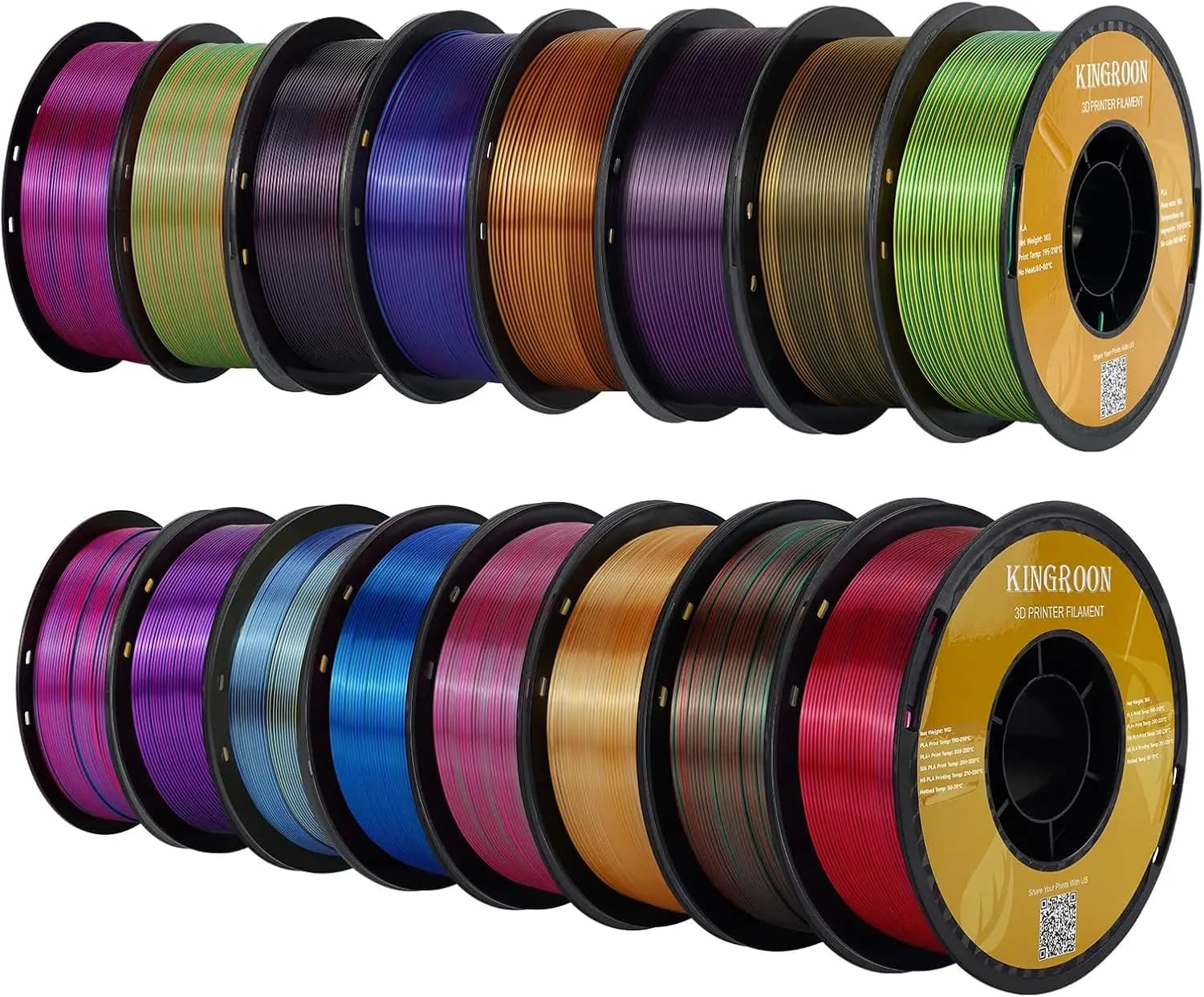 PLA Filament Pack 16KG Silk, 1.75mm Bicolor/Tri-Color for FDM Printers, High Accuracy +/-0.03mm, No Inductions, Polished