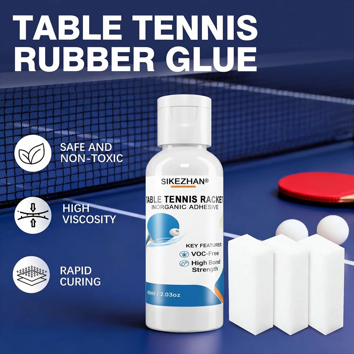 Colla Professionale per Ping Pong da 60ml con 3 Spugne, Adesivo Inorganico ad Alta Adesione per l'Assemblaggio della Gomma delle Racchette da Ping Pong