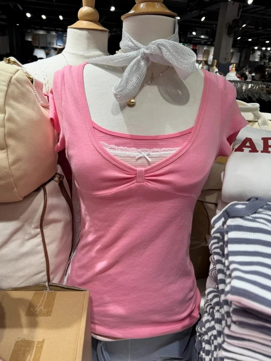 Pink Knot Slim T-shirt Women Summer Simple All-match V-neck Short Sleeve Cotton Tee Shirts Female Sweet Casual Tshirts New Tops