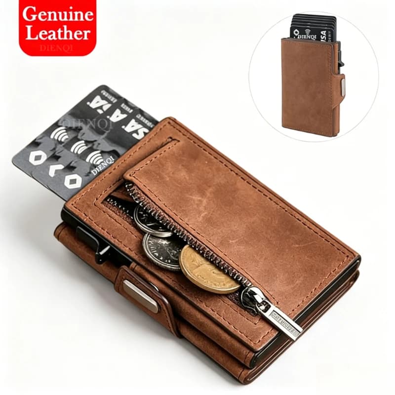 RFID Blocking Genuine Leather Pop-Up Wallet Slim Card Holder with Coin Pocket & Quick Access Compact Anti-Scan Organizer for Men