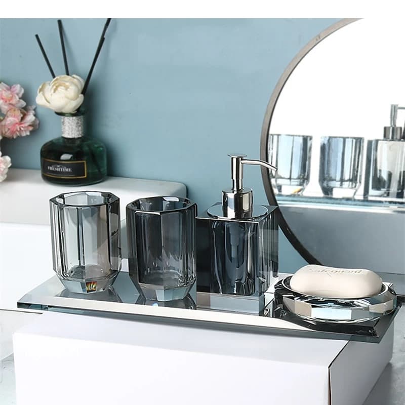 Kit da bagno in cristallo Coppia collutorio Vassoio per tazze Set da lavaggio Pressa Dispenser di sapone Accessori per la casa di lusso leggeri
