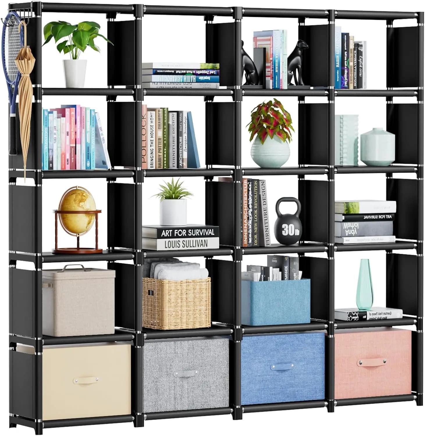 Organizzatore di stoccaggio a 20 cubi, libreria in metallo fai-da-te per camera da letto, soggiorno, ufficio, mensola a cubetti nera